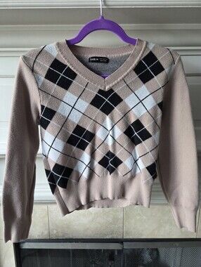 Beige Argyle V-Neck Cropped Knit Sweater Preppy Academia Size M